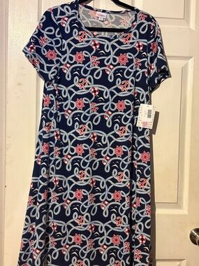 LuLaRoe Navy Carly Midi Dress with Red and White Nautical Rope Print NWT Medium